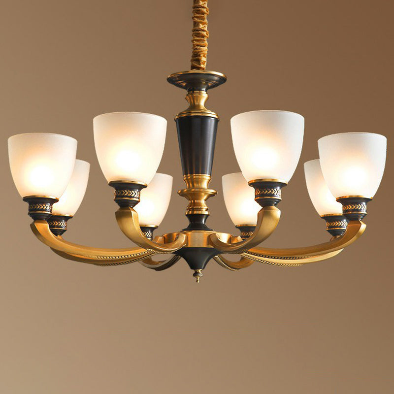Black-Bronze Hanging Ceiling Light Traditional Frosted Glass Bell Chandelier for Living Room
