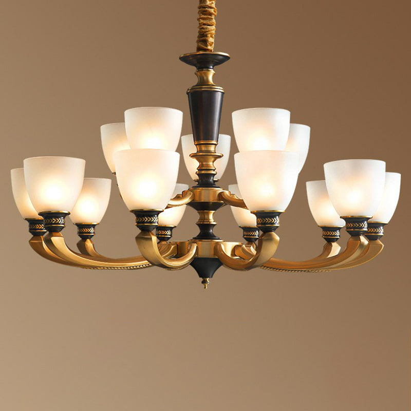 Black-Bronze Hanging Ceiling Light Traditional Frosted Glass Bell Chandelier for Living Room