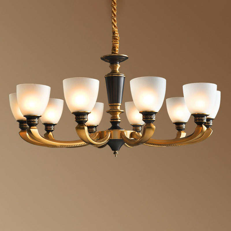 Black-Bronze Hanging Ceiling Light Traditional Frosted Glass Bell Chandelier for Living Room