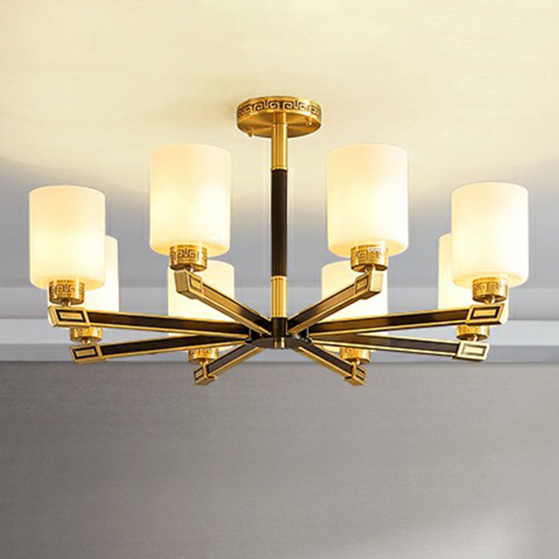 Satin Opal Glass Cylinder Ceiling Light Antique Living Room Chandelier in Black and Brass