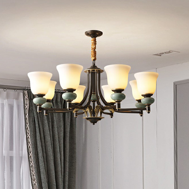 Carillon Wohnzimmer Kronleuchter Vintage White Glass 6-Light Black Anhänger Licht mit Keramikdekoration