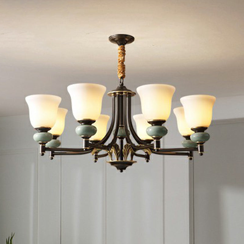Carillon Wohnzimmer Kronleuchter Vintage White Glass 6-Light Black Anhänger Licht mit Keramikdekoration