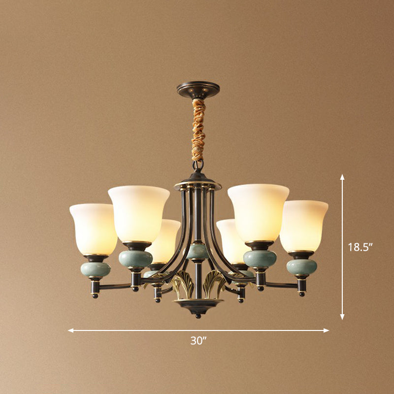 Carillon Wohnzimmer Kronleuchter Vintage White Glass 6-Light Black Anhänger Licht mit Keramikdekoration