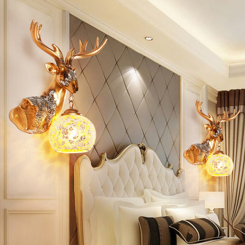 1 Light Wall Lamp Classic Deer Head Resin Sconce Light Fixture in Gold for Bedroom with Orb Glass Shade, Right/Left