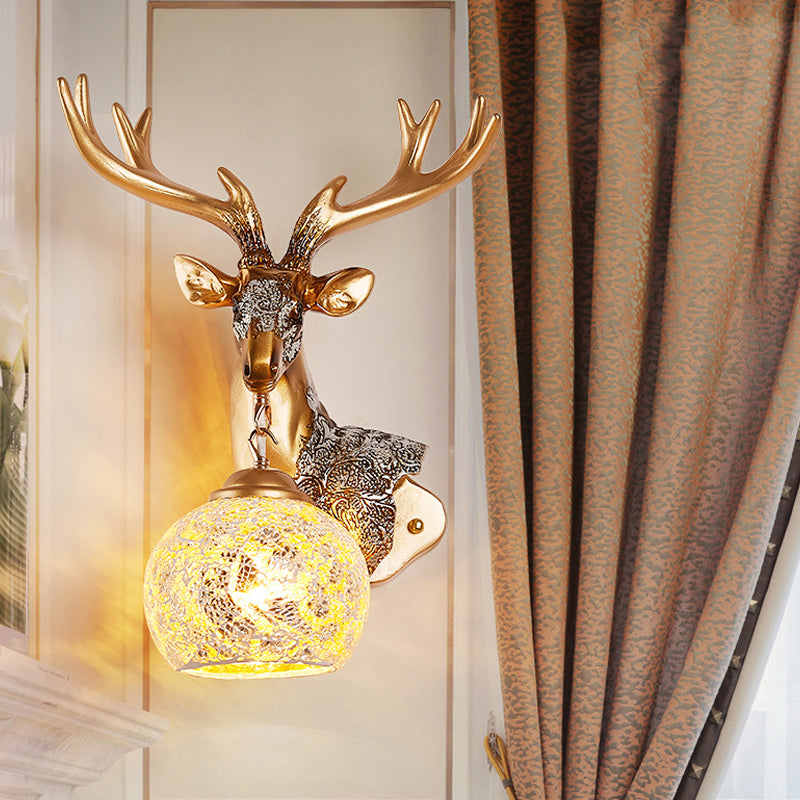 1 Light Wall Lamp Classic Deer Head Resin Sconce Light Fixture in Gold for Bedroom with Orb Glass Shade, Right/Left