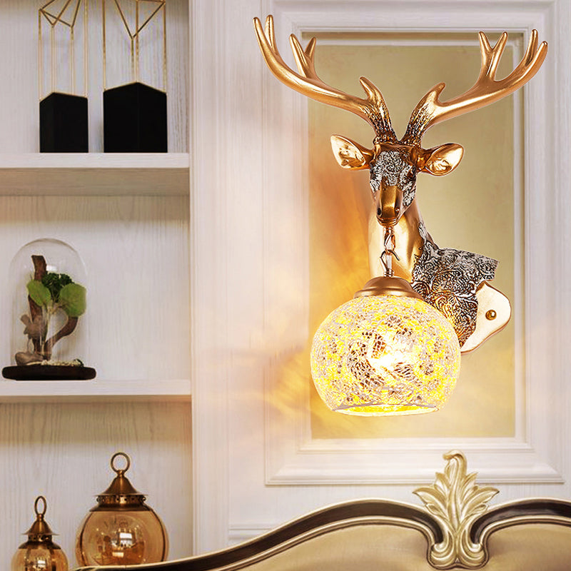 1 Light Wall Lamp Classic Deer Head Resin Sconce Light Fixture in Gold for Bedroom with Orb Glass Shade, Right/Left