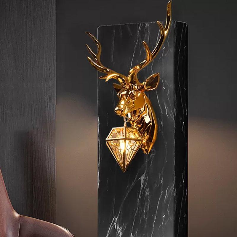 1 Light Resin Wall Lamp Fixture Rustic Silver/Gold Diamond Indoor Sconce Light with Deer Backplate, 14.5"/19.5" W