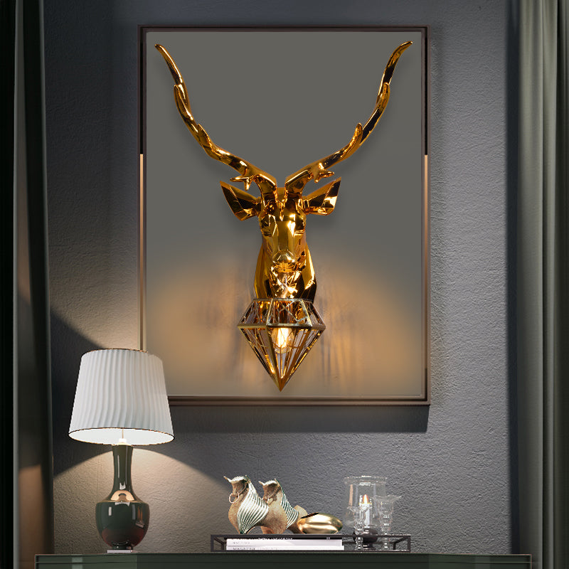 1 Light Resin Wall Lamp Fixture Rustic Silver/Gold Diamond Indoor Sconce Light with Deer Backplate, 14.5"/19.5" W