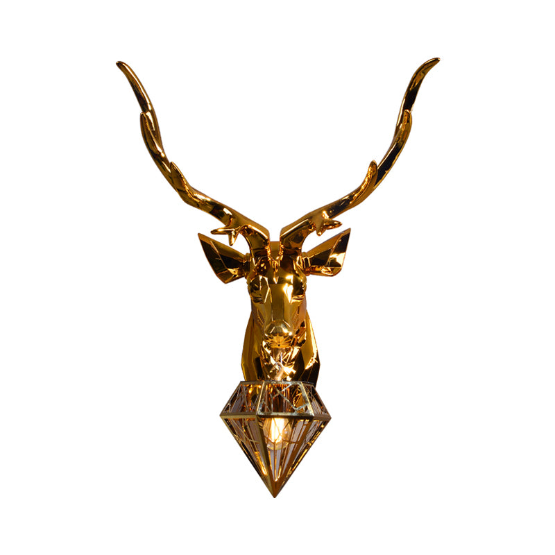 1 Light Resin Wall Lamp Fixture Rustic Silver/Gold Diamond Indoor Sconce Light with Deer Backplate, 14.5"/19.5" W