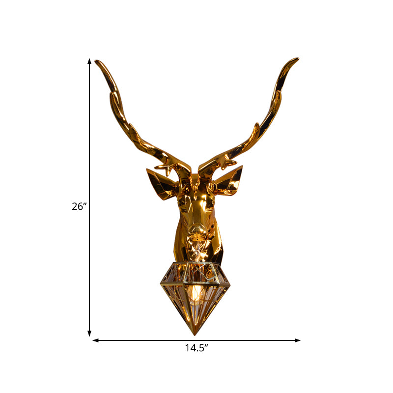1 Light Resin Wall Lamp Fixture Rustic Silver/Gold Diamond Indoor Sconce Light with Deer Backplate, 14.5"/19.5" W