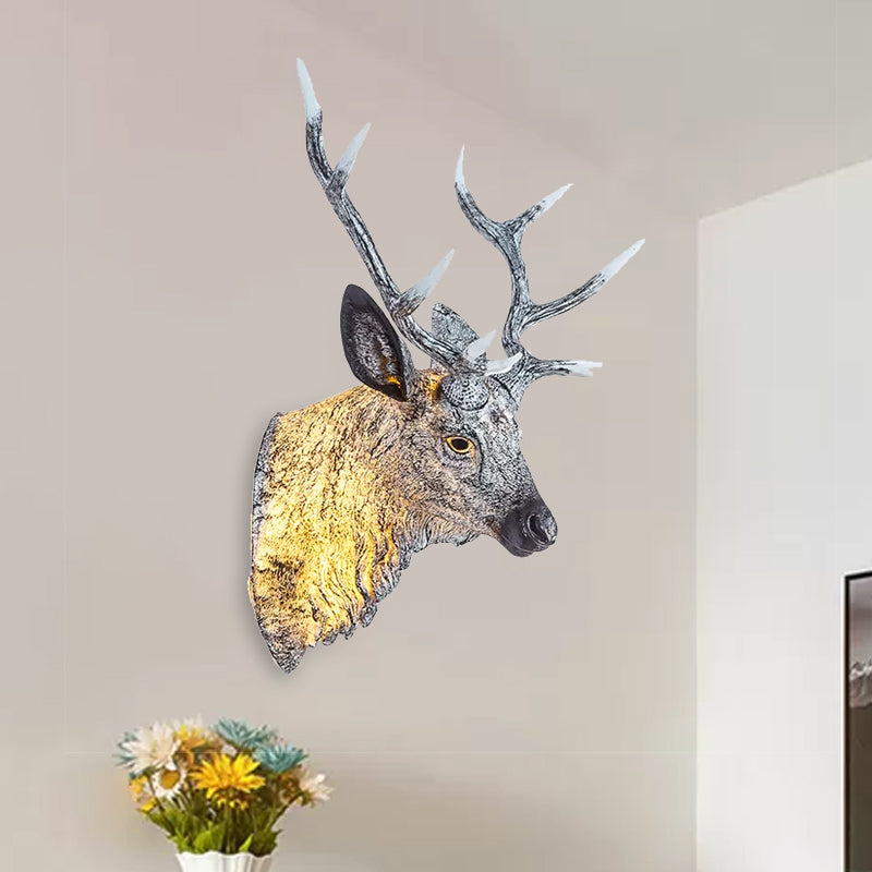 Deer Head Bedroom Wall Light Fixture Traditional Style Resin 1 Light Grey/Silver/Bronze Sconce Lamp