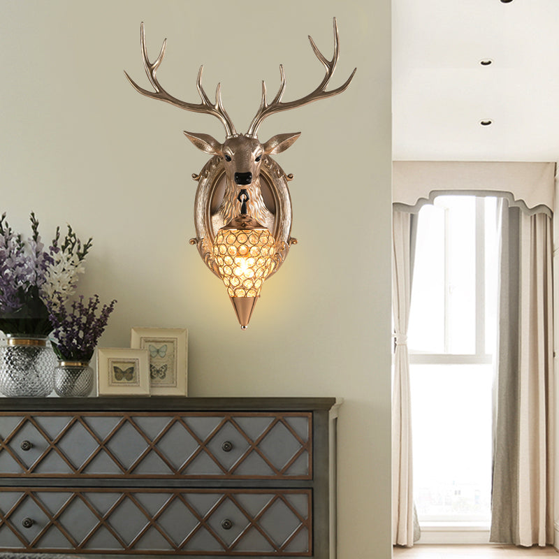 16"/18.5" W Rustic Droplet Sconce Lamp 1 Bulb Crystal Wall Mounted Light in Silver/White/Wood with Deer Resin Backplate