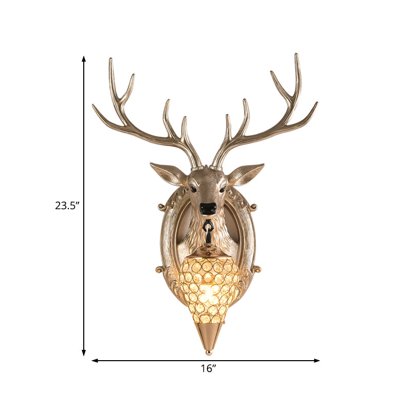 16"/18.5" W Rustic Droplet Sconce Lamp 1 Bulb Crystal Wall Mounted Light in Silver/White/Wood with Deer Resin Backplate