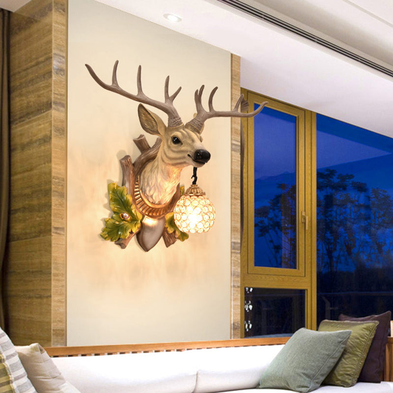 1 Lichte eland SCONCE LICHT VINTAGE HOUT RESIN Wandlamp voor woonkamer met traankristalschaduw, 27,5 "/16" W