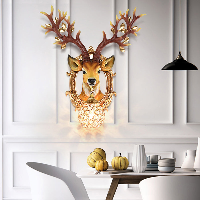 20"/24" W 1 Light Resin Wall Lamp Classical Style Silver/White/Gold Deer Head Shaped Living Room Sconce Light with Globe Crystal Shade