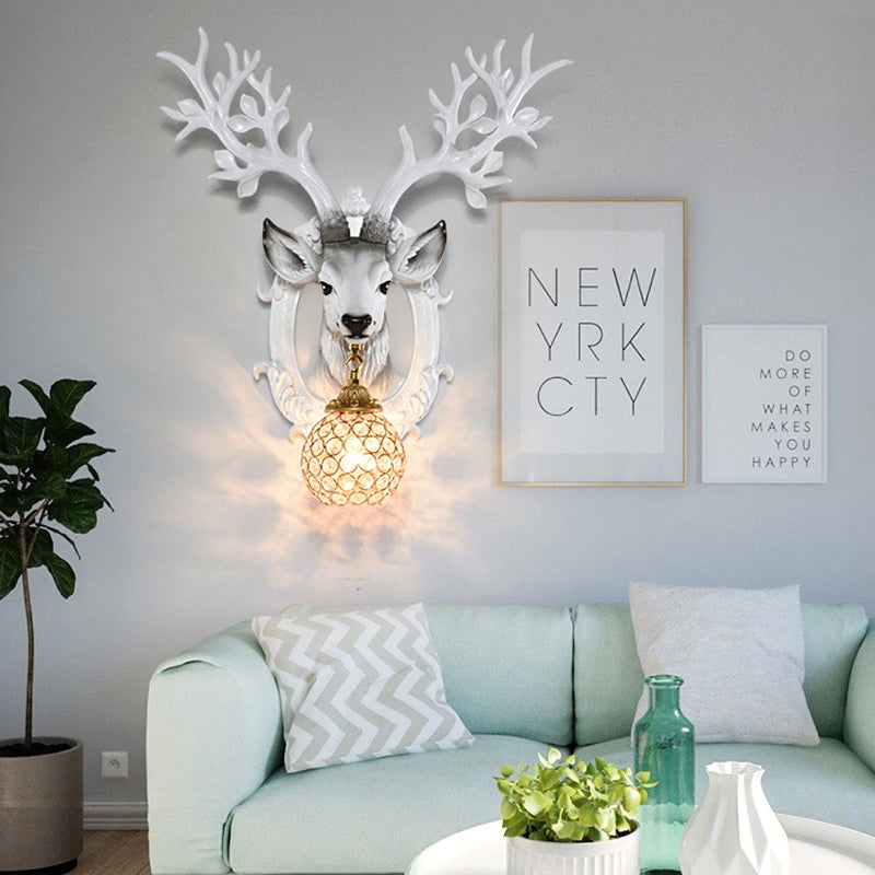 20"/24" W 1 Light Resin Wall Lamp Classical Style Silver/White/Gold Deer Head Shaped Living Room Sconce Light with Globe Crystal Shade