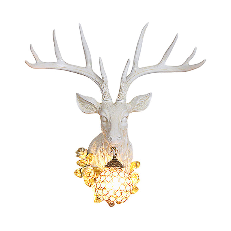 Crystal Globe Sconce Light Traditional 1 Light Living Room Wall Mounted Lamp in White/Gold with Deer Resin Deco