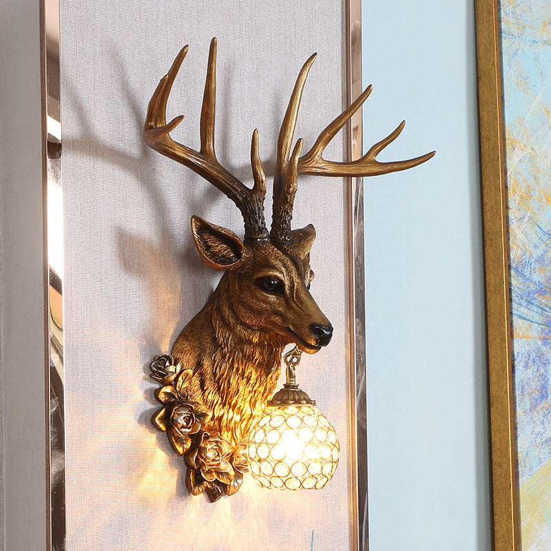 Crystal Globe Sconce Light Traditional 1 Light Living Room Wall Mounted Lamp in White/Gold with Deer Resin Deco