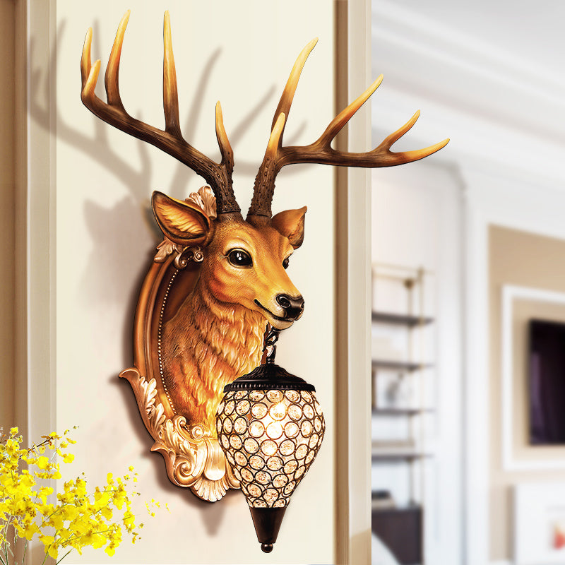 White/Beige/Yellow Deer Wall Lighting Rustic Resin 1 Light Living Room Sconce Lamp with Droplet Crystal Shade
