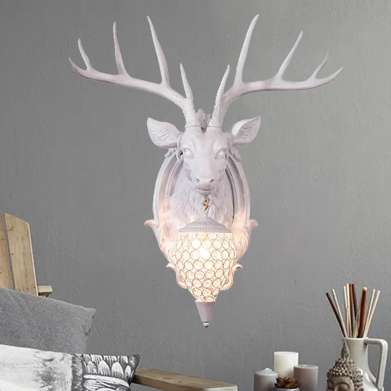 White/Beige/Yellow Deer Wall Lighting Rustic Resin 1 Light Living Room Sconce Lamp with Droplet Crystal Shade