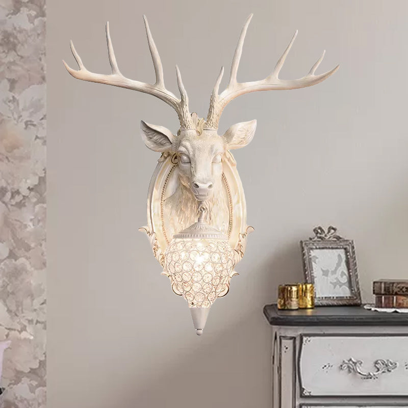 White/Beige/Yellow Deer Wall Lighting Rustic Resin 1 Light Living Room Sconce Lamp with Droplet Crystal Shade