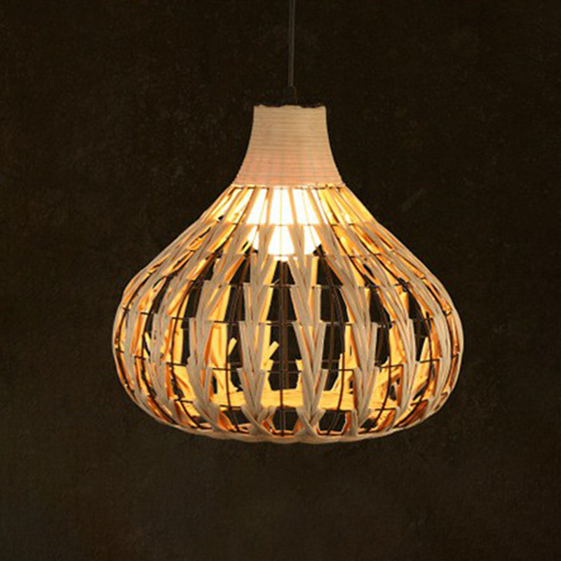 Rattan Cage Pendulum Light Country 1 Bulb Beige Hanging Ceiling Light for Restaurant