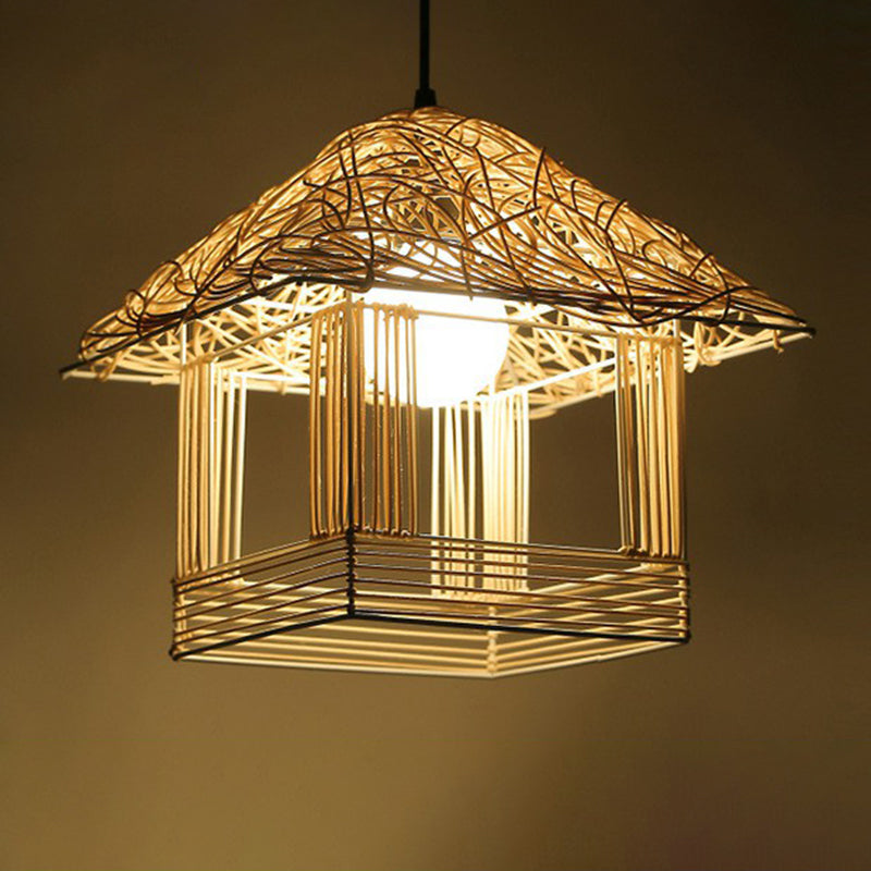 Rattan Cage Pendulum Light Country 1 Bulb Beige Hanging Ceiling Light for Restaurant