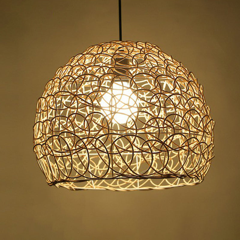 Rattan Cage Pendulum Light Country 1 Bulb Beige Hanging Ceiling Light for Restaurant