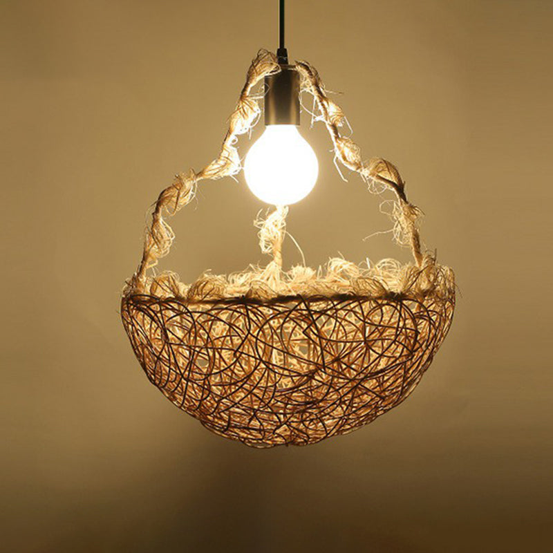Rattan Cage Pendulum Light Country 1 Bulb Beige Hanging Ceiling Light for Restaurant