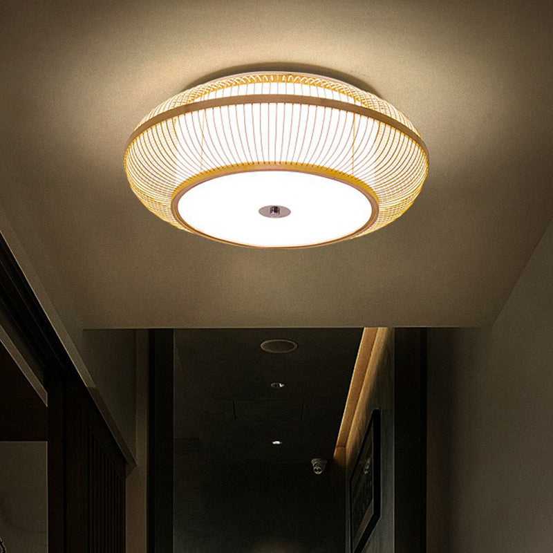 Round Aisle Ceiling Flush Light Bamboo 1 Head Minimalistic Flushmount Light in Wood