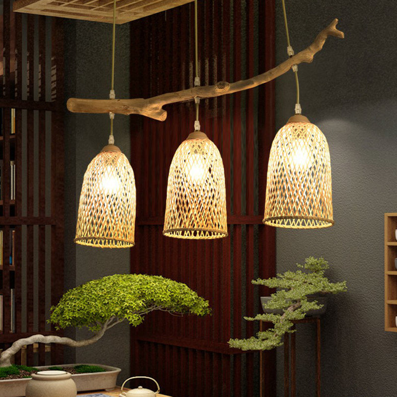 3-Bulb Restaurant Island Lamp Lodge Style Wood Pendant Light with Bell Bamboo Shade