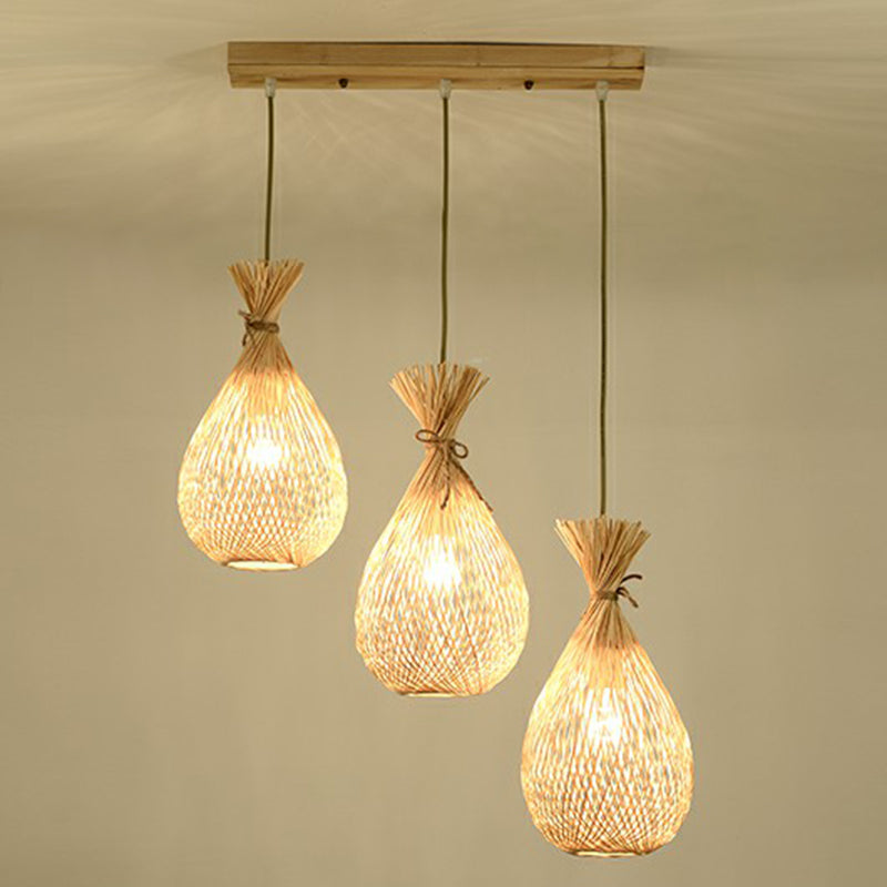 Wood Teardrop Shaped Hanging Light Fixture Cottage 3 Heads Bamboo Cluster Pendant Light