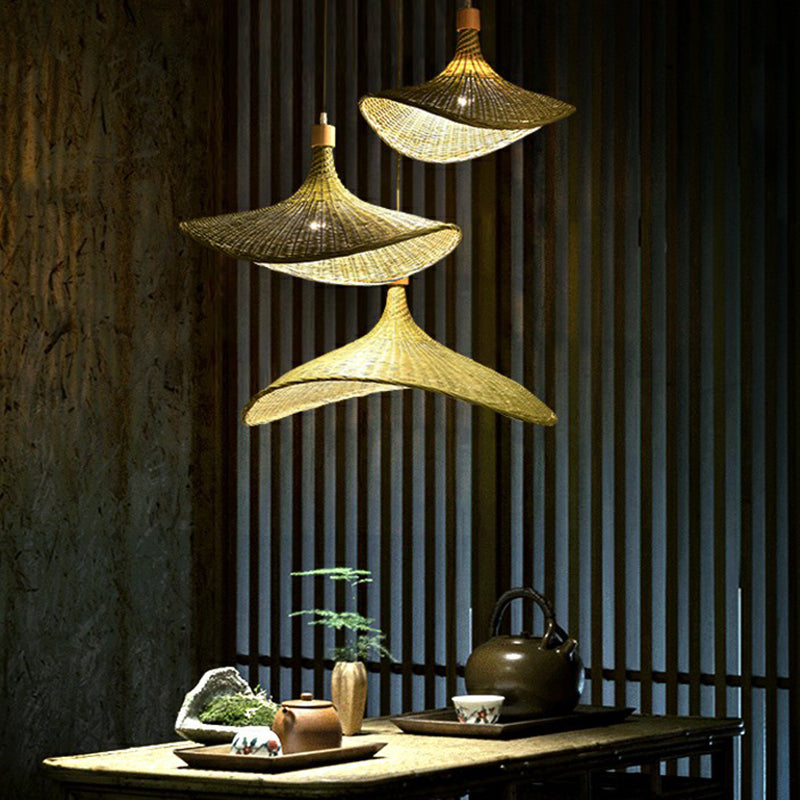 Green-Yellow Straw Hat Shaped Pendant South-East Asia Single Natural Bamboo Fiber Suspension Light