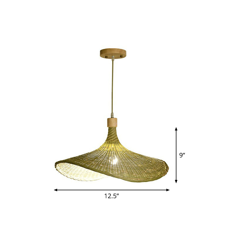 Green-Yellow Straw Hat Shaped Pendant South-East Asia Single Natural Bamboo Fiber Suspension Light
