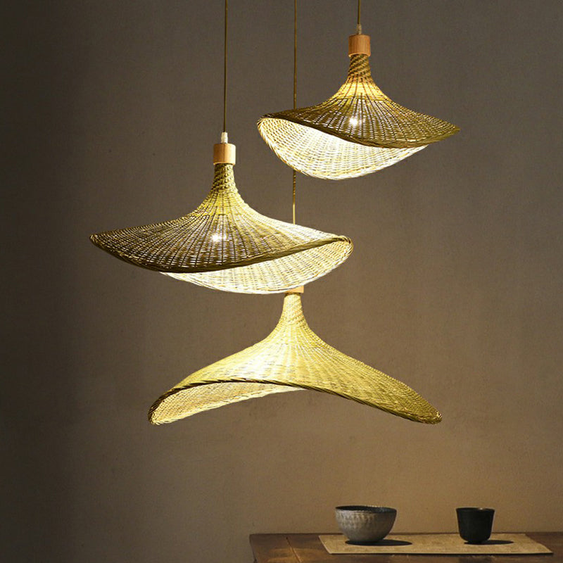 Green-Yellow Straw Hat Shaped Pendant South-East Asia Single Natural Bamboo Fiber Suspension Light