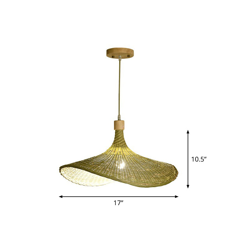 Green-Yellow Straw Hat Shaped Pendant South-East Asia Single Natural Bamboo Fiber Suspension Light
