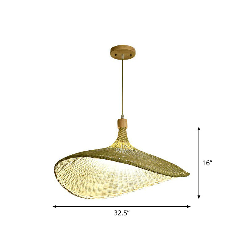 Green-Yellow Straw Hat Shaped Pendant South-East Asia Single Natural Bamboo Fiber Suspension Light
