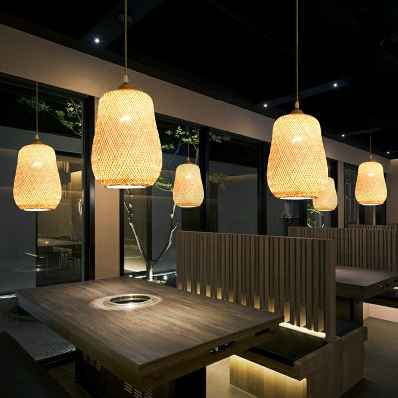 Beige Spheroid Pendant Light Fixture Asia 1-Light Bamboo Suspension Lighting for Restaurant