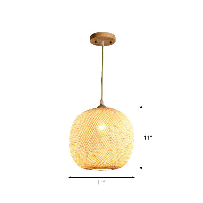 Beige Spheroid Pendant Light Fixture Asia 1-Light Bamboo Suspension Lighting for Restaurant