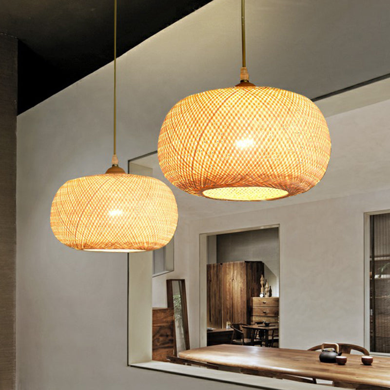 Beige Spheroid Pendant Light Fixture Asia 1-Light Bamboo Suspension Lighting for Restaurant
