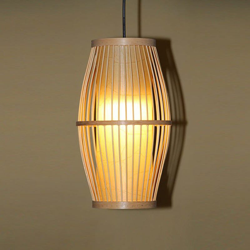Cage Shade Suspension Lighting Modern Bamboo 1 Bulb Wood Pendant Light for Balcony