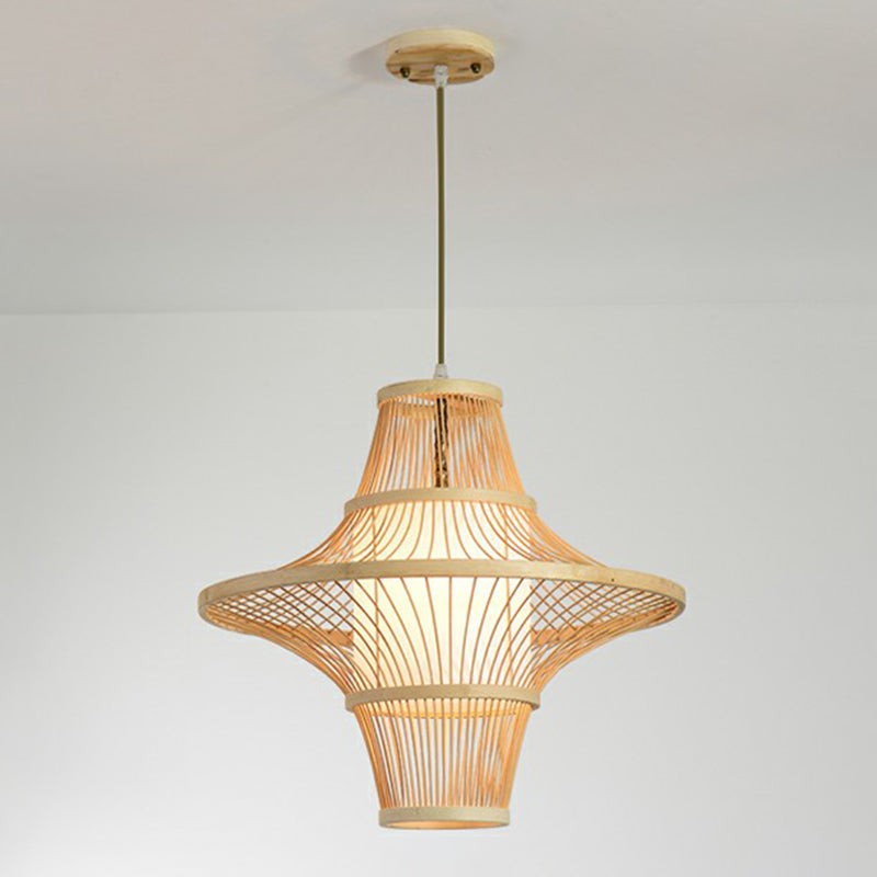 Symmetric Cage Bamboo Pendant Lamp Modern 1-Light Wood Pendulum Light for Restaurant