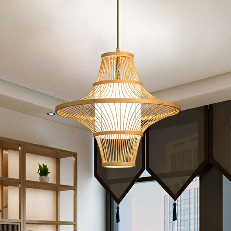 Symmetric Cage Bamboo Pendant Lamp Modern 1-Light Wood Pendulum Light for Restaurant