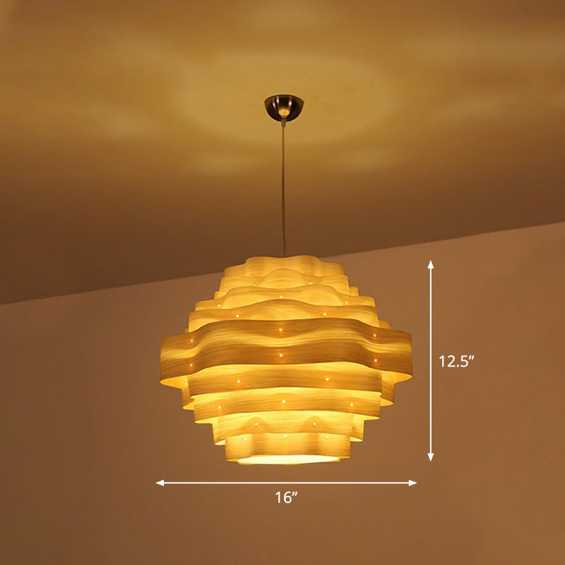 Modern Wavy Shade Pendant Lighting Wood Veneer 1 Bulb Restaurant Hanging Lamp Kit