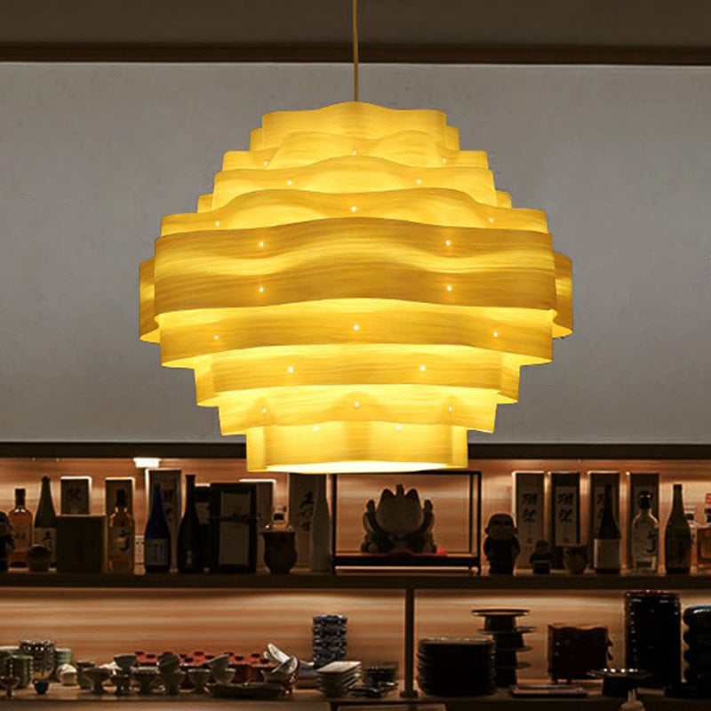 Modern Wavy Shade Pendant Lighting Wood Veneer 1 Bulb Restaurant Hanging Lamp Kit