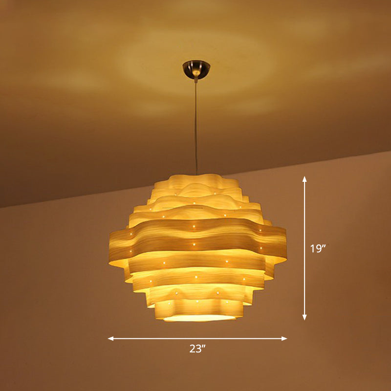 Modern Wavy Shade Pendant Lighting Wood Veneer 1 Bulb Restaurant Hanging Lamp Kit