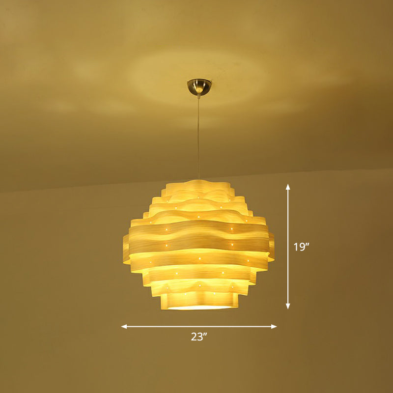 Modern Wavy Shade Pendant Lighting Wood Veneer 1 Bulb Restaurant Hanging Lamp Kit