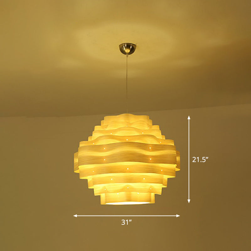 Modern Wavy Shade Pendant Lighting Wood Veneer 1 Bulb Restaurant Hanging Lamp Kit