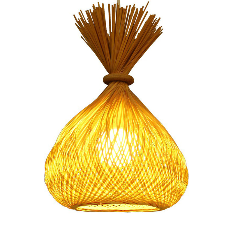 Onion Shaped Dining Room Pendant Bamboo Single-Bulb Asian Hanging Light in Beige