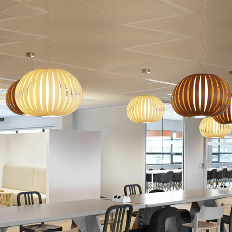 Wood Veneer Global Pendant Lamp Asian 1 Head Suspended Lighting Fixture for Restaurant